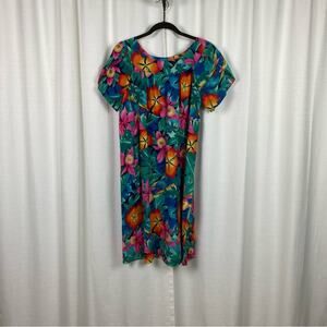 Hilo Hattie Vintage Green&Pink Floral Hawaiian Shift Dress Sz.M